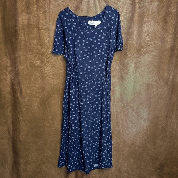 Kathie Lee Vintage Floral Print Maxi Dress Navy Butterfly Sleeve Lace Up Boho - Picture 1 of 9